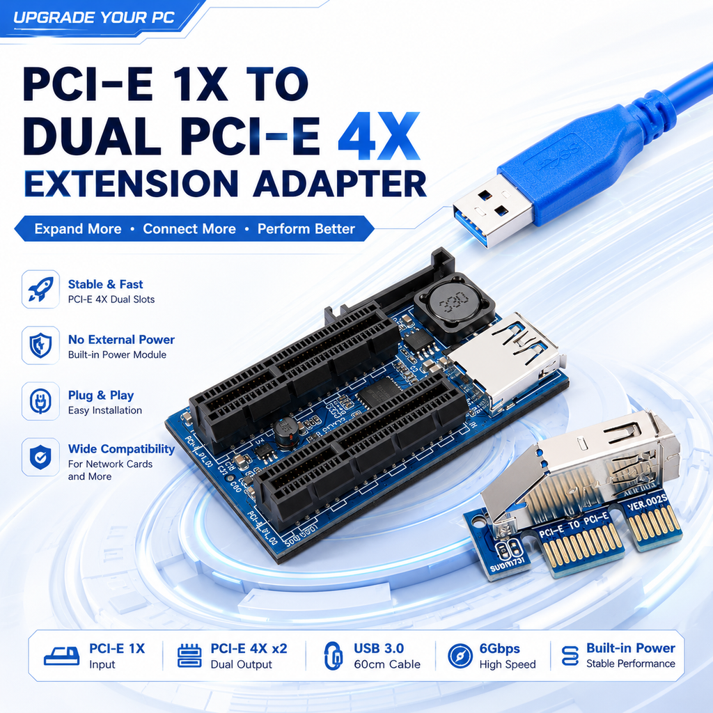 Xkuer DUAL PCI-E 4X EXPANSION CARD  PCI-E 1X TO DUAL PCI-E 4X ADAPTER  Stable • Fast • Plug & Play