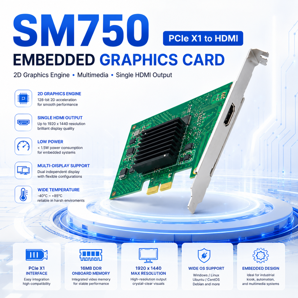 Xkuer SM750 PCIe X1 to HDMI Graphics Card Embedded 2D Multimedia Display Solution