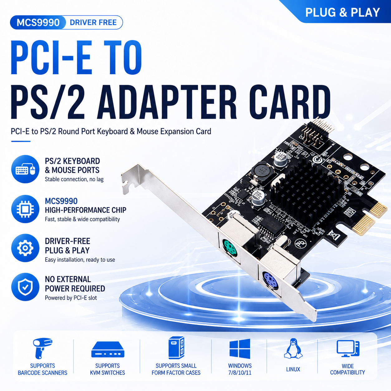 Xkuer PCI-E to PS/2 Expansion Card – Dual Keyboard & Mouse Ports, Driver-Free MCS9990 Chip