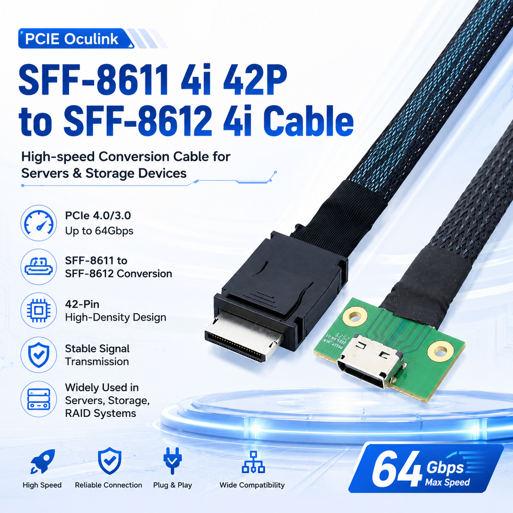 Xkuer OCuLink Cable SFF-8611 4i 42P to SFF-8612 4i Female