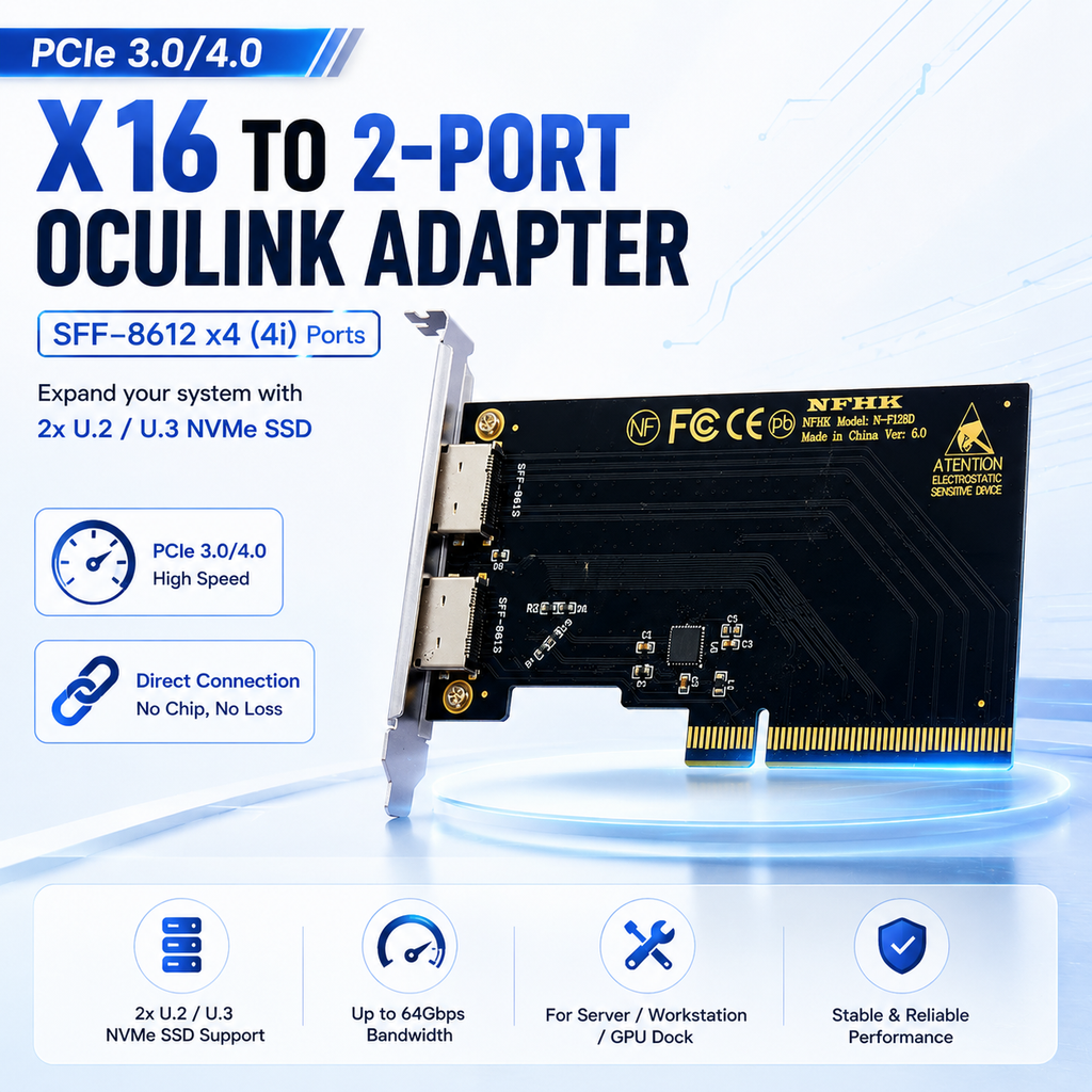Xkuer PCIe 3.0/4.0 X16 to Dual OCuLink SFF-8612 Adapter