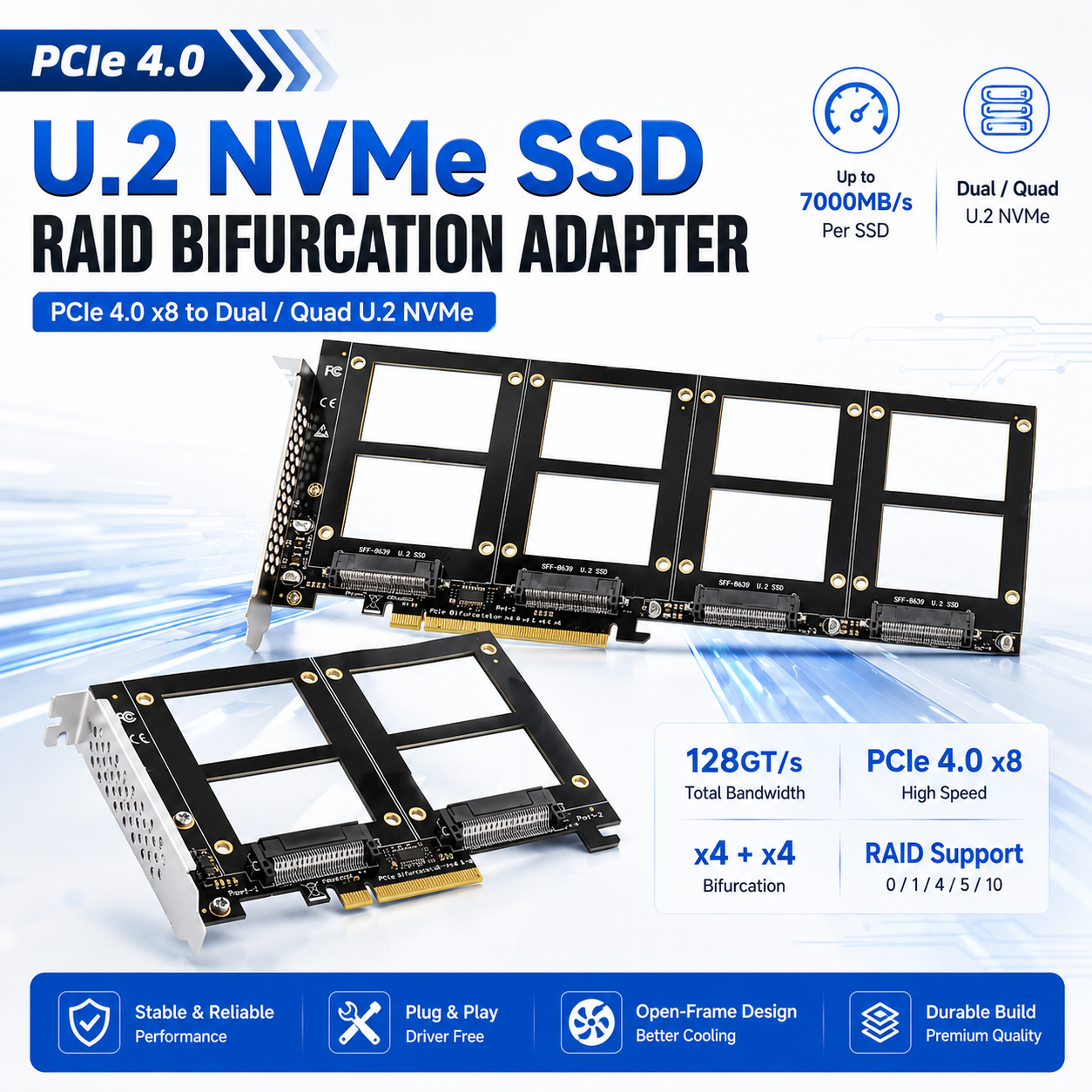 Xkuer PCIe 4.0 x8 to Dual / Quad U.2 NVMe SSD Adapter RAID Bifurcation Expansion Card