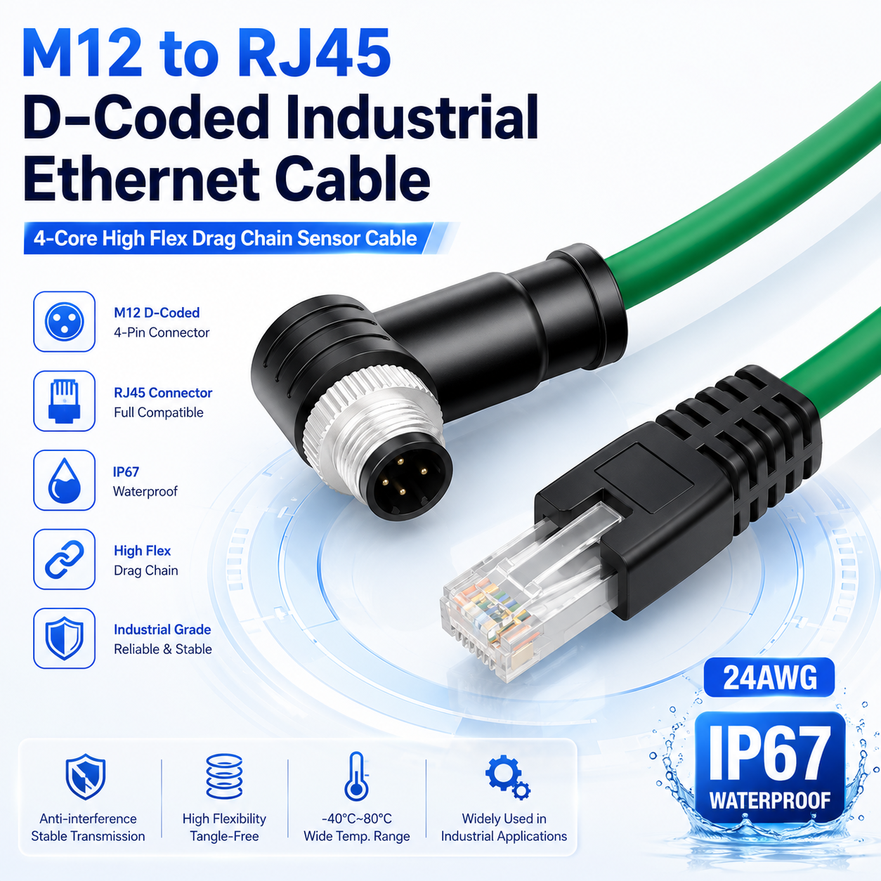 Xkuer M12 D-Coded 4-Pin to RJ45 Industrial Ethernet Cable High Flex Drag Chain Sensor Network Cable IP67 Waterproof