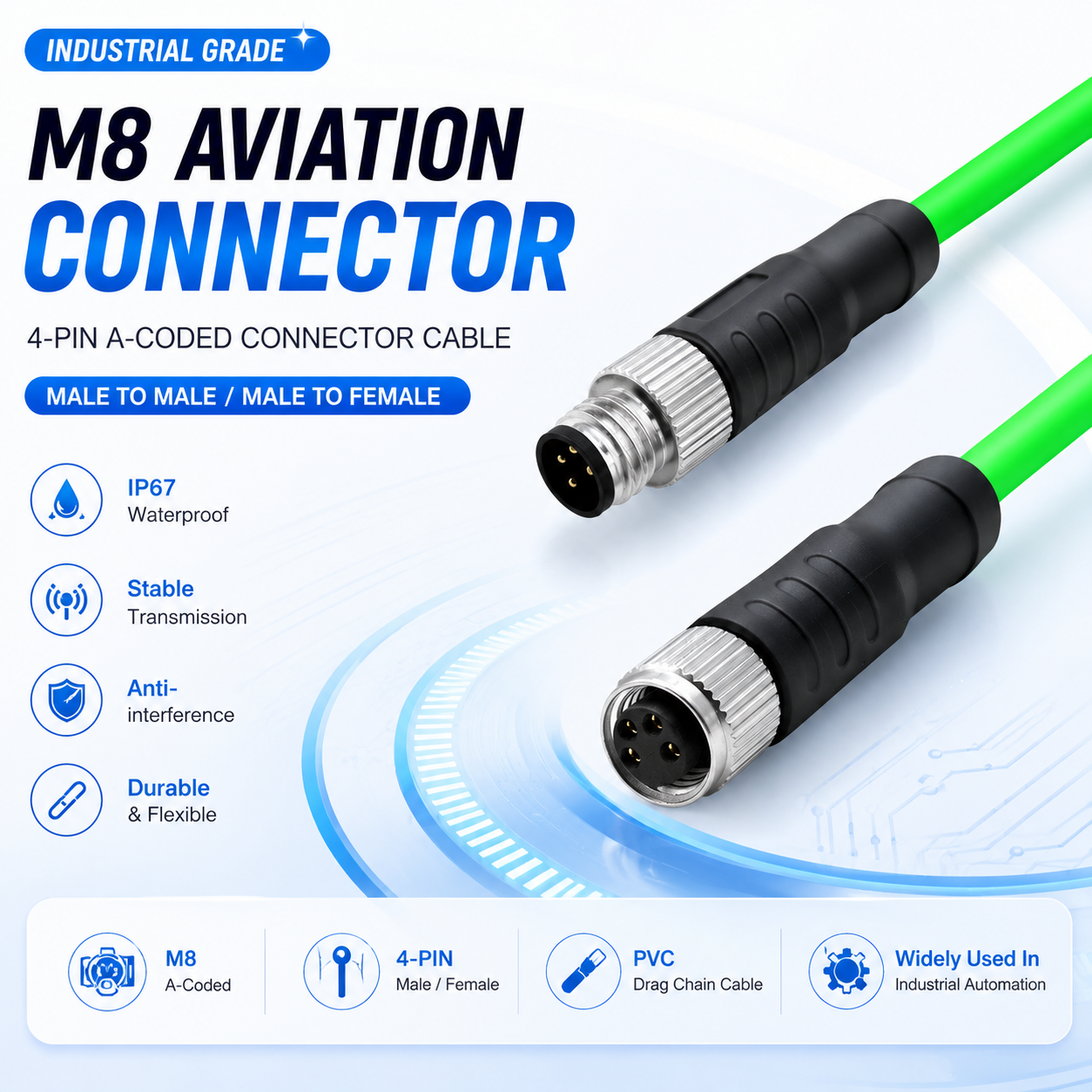 Xkuer M8 4-Pin A-Code Male to Male / Male to Female Industrial Sensor Encoder Cable IP67 Waterproof