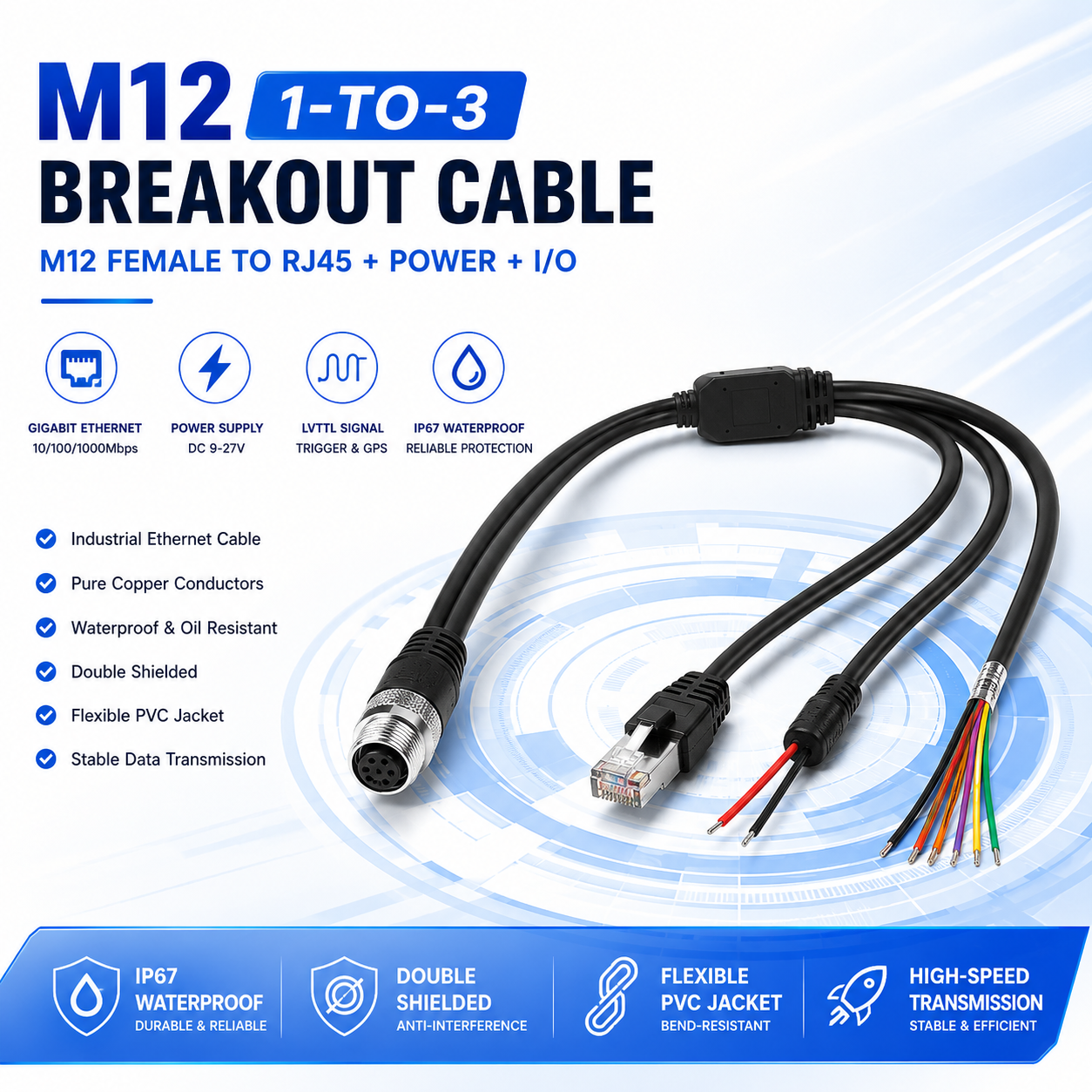 Xkuer M12 12-Pin Female to RJ45 Ethernet + Power + I/O Breakout Cable 1-to-3 Splitter Industrial Sensor Camera Cable