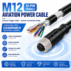Xkuer M12 12-Pin Female Power Cable Camera Trigger Cable Sensor Connection Wire Compatible with Cognex Industrial Vision Cameras
