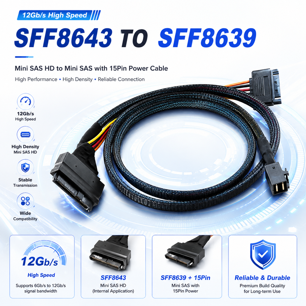 Xkuer Mini SAS HD SFF8643 to U.2 SFF8639 SSD Data Cable + 15Pin Power