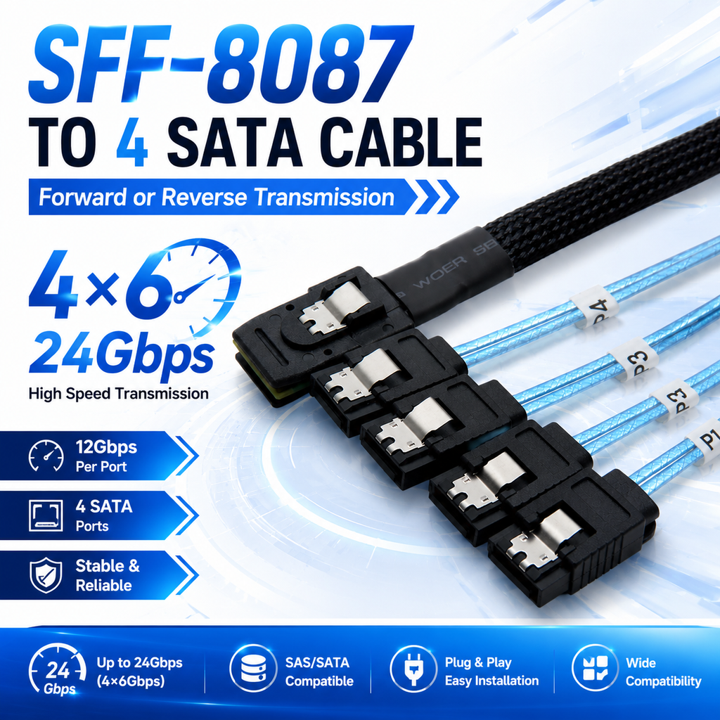 Xkuer SFF-8087 TO 4 SATA CABLE FORWARD & REVERSE TRANSMISSION 4×6Gbps SATA CHANNELS