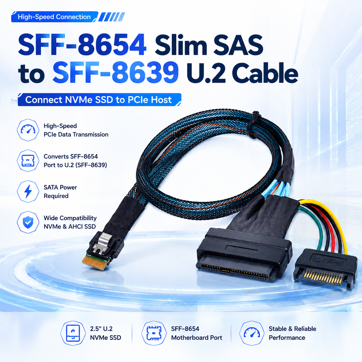 Xkuer SFF-8654 Slim SAS to SFF-8639 U.2 NVMe SSD Cable