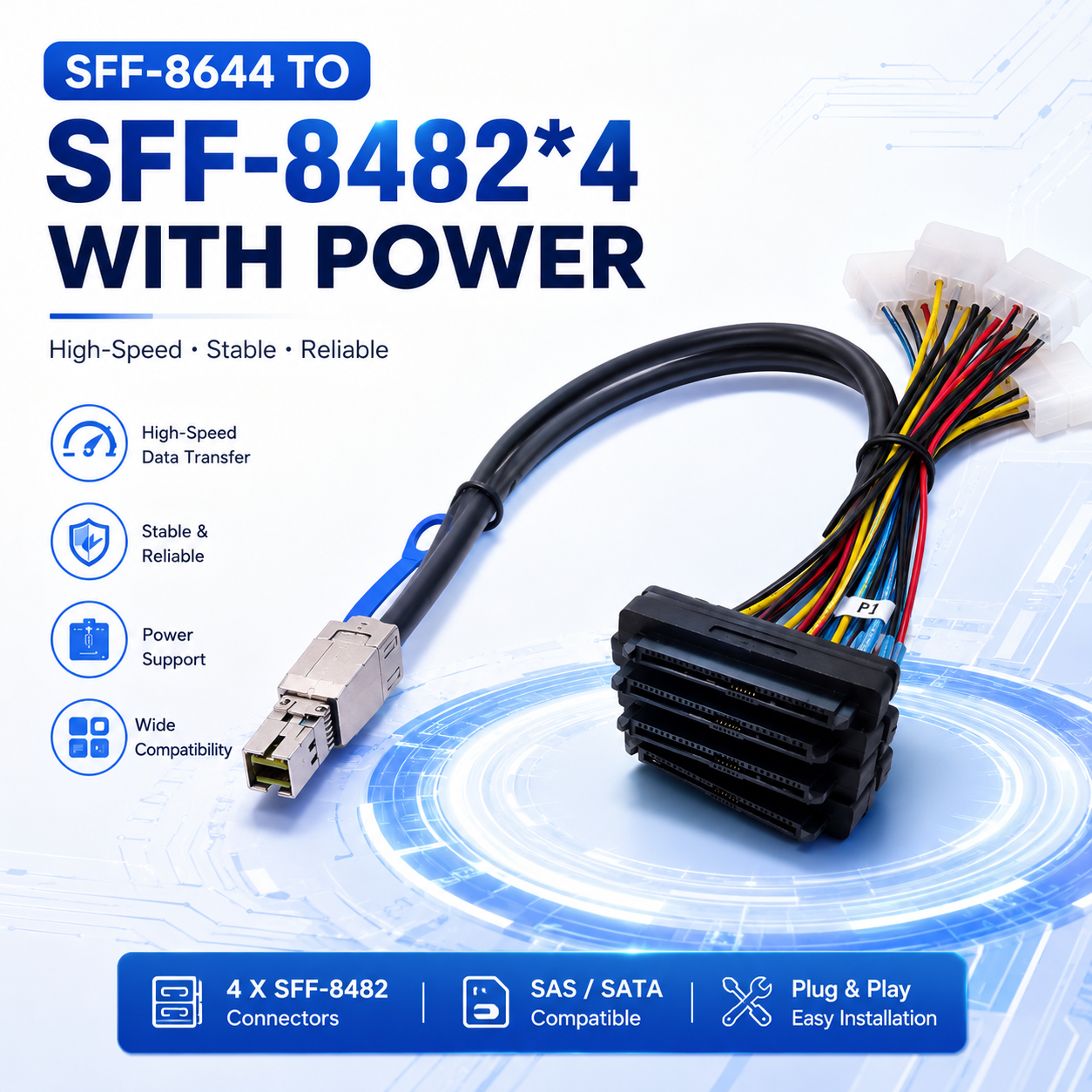 Xkuer SFF-8644 to 4×SFF-8482 with Power – High-Speed, Stable & Reliable Data Connection