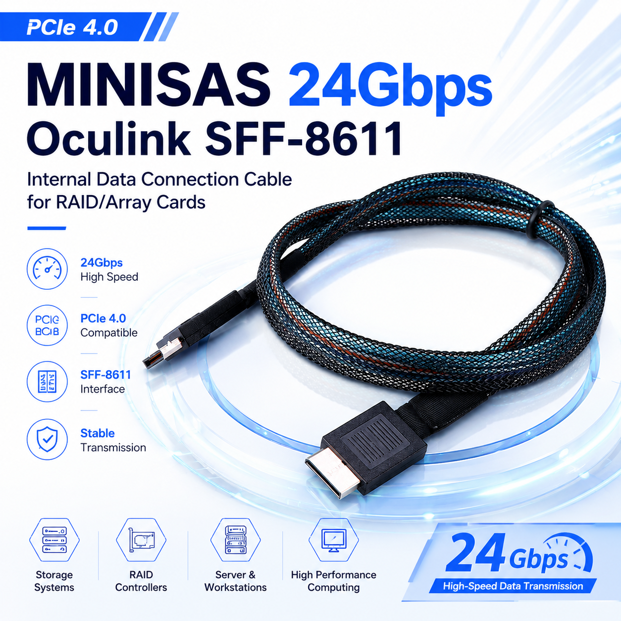 SFF-8611 24Gbps OCuLink Cable for RAID Controllers & Storage Servers