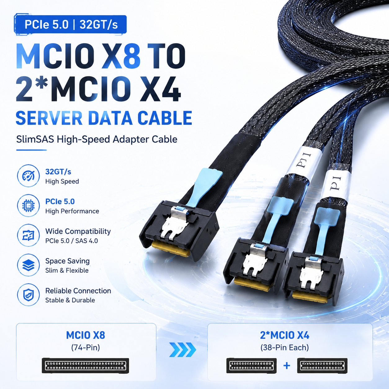 MCIO X8 to 2×MCIO X4 SlimSAS Server Data Cable | PCIe 5.0 High-Speed 32GT/s