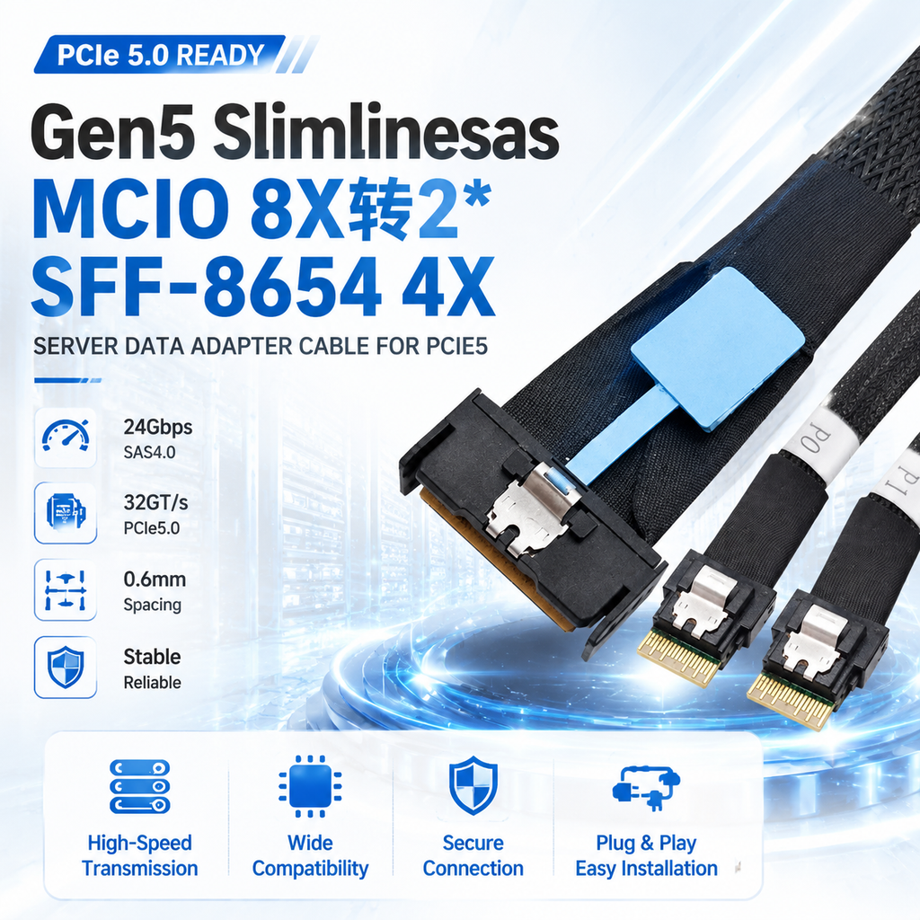 Xkuer Gen5 Slimline SAS MCIO 8X to 2× SFF-8654 4X – High-Speed PCIe5 Server Data Adapter Cable