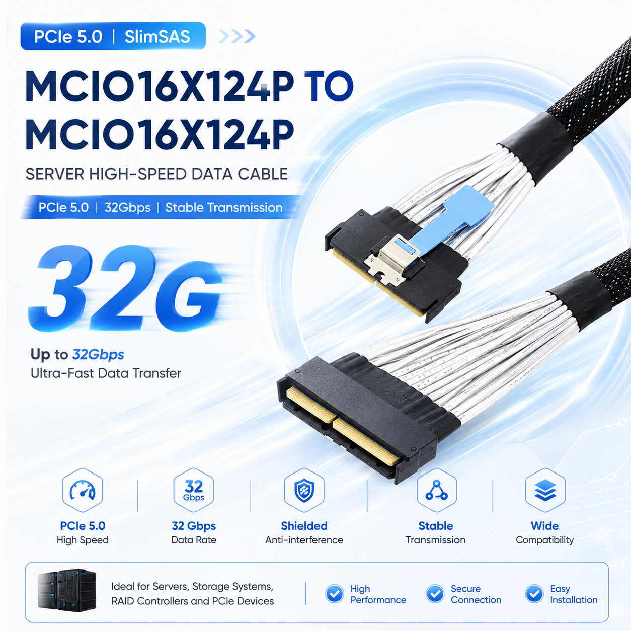 Xkuer MCIO 16X124P TO MCIO 16X124P PCIe 5.0 SlimSAS Cable