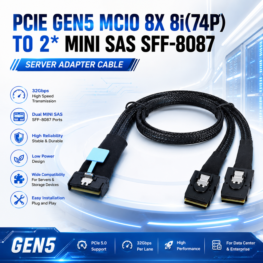Xkuer PCIe Gen5 MCIO 8X 8i (74P) to Dual Mini SAS SFF-8087 Server Adapter Cable | 32Gbps High-Speed Data Transfer