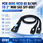 Xkuer PCIe Gen5 MCIO 8X 8i (74P) to Dual Mini SAS SFF-8087 Server Adapter Cable | 32Gbps High-Speed Data Transfer