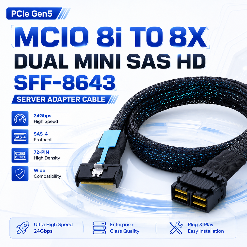 Xkuer PCIe Gen5 MCIO 8i to 8X Dual Mini SAS HD SFF-8643 Enterprise Server Adapter Cable 24Gbps SAS-4 High-Speed Data Transfer