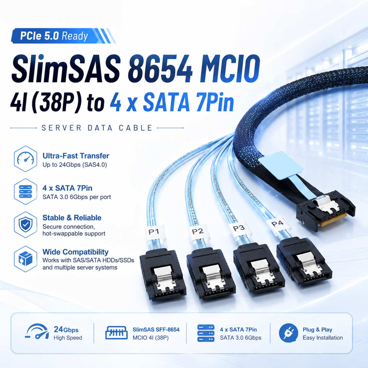 Xkuer PCIe 5.0 SlimSAS MCIO 4I (38P) to 4x SATA 7Pin Server Cable 24Gbps High-Speed Data Transfer