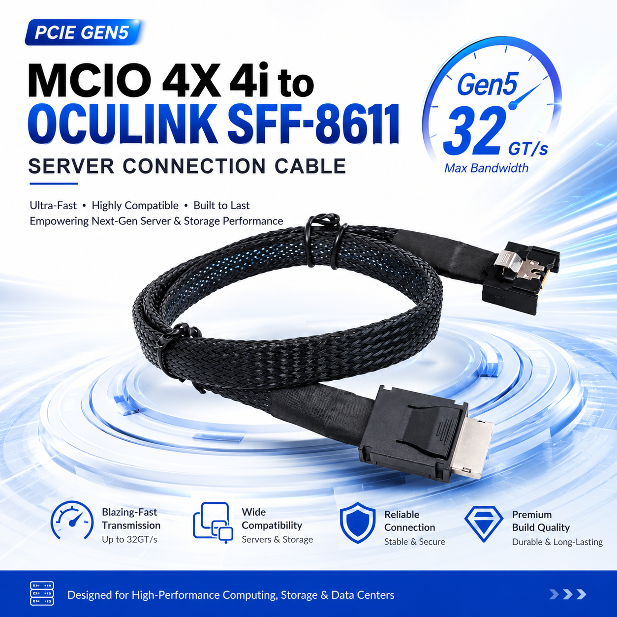 Xkuer PCIe Gen5 MCIO 4X 4i to OCuLink SFF-8611 Server Cable | 32GT/s Ultra-Fast Data Transfer