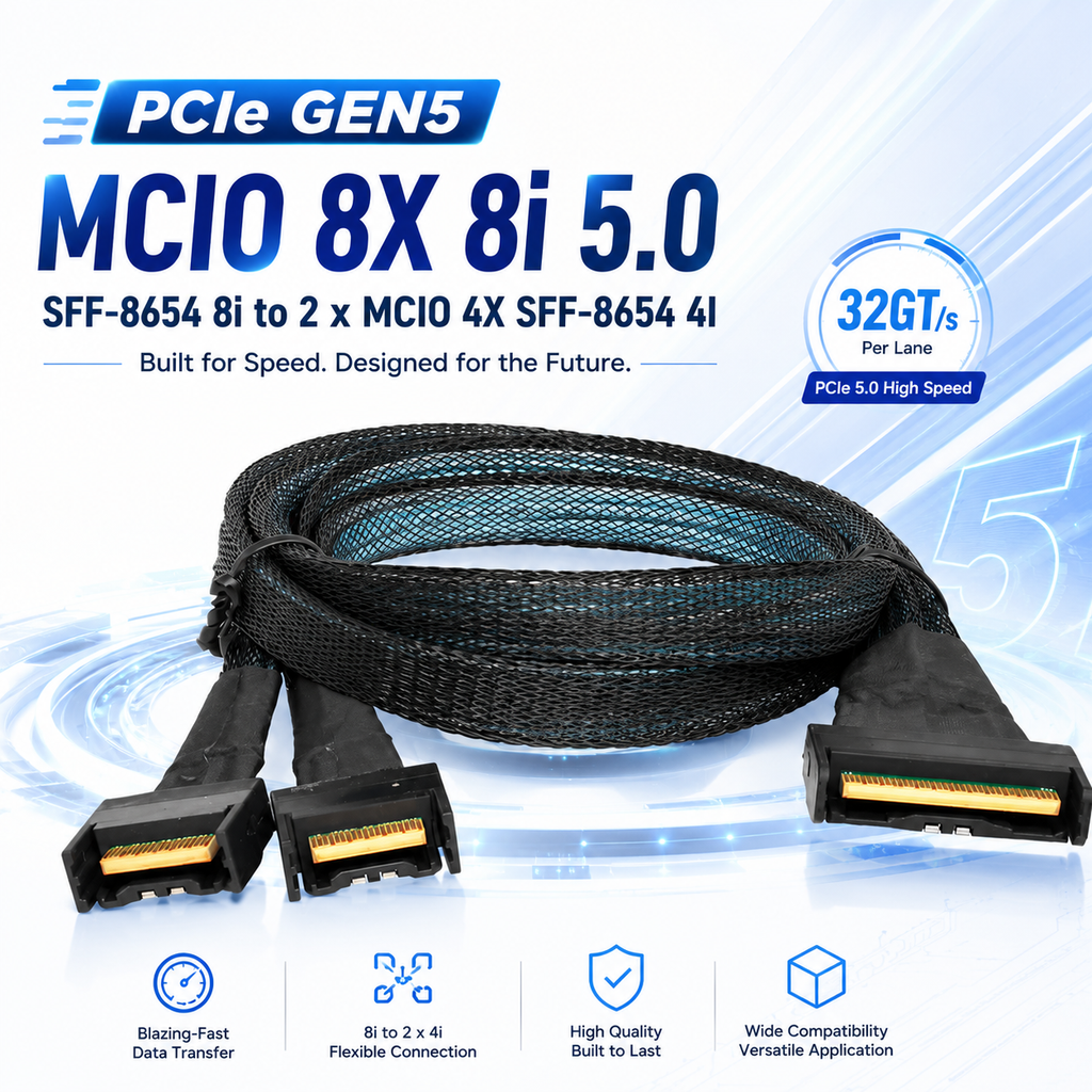 Xkuer PCIe Gen5 MCIO 8X 8i 5.0 SFF-8654 8i to Dual MCIO 4X SFF-8654 4i Cable