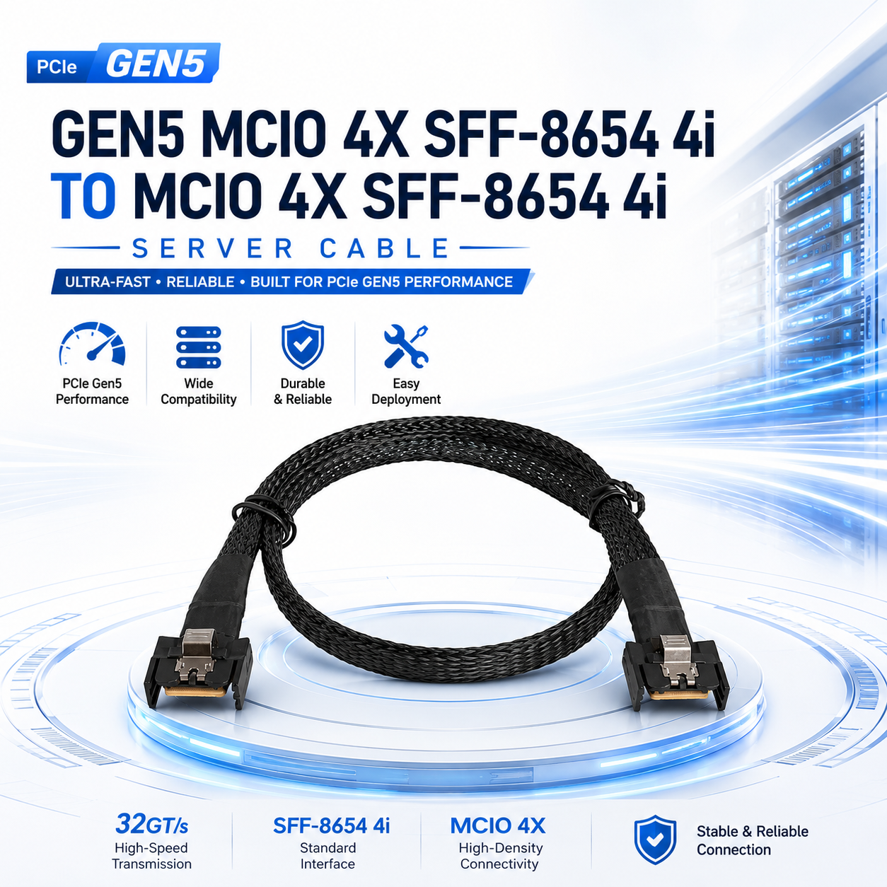 Xkuer Gen5 MCIO 4X SFF-8654 4i to MCIO 4X SFF-8654 4i Cable | Enterprise Server Connectivity Solution