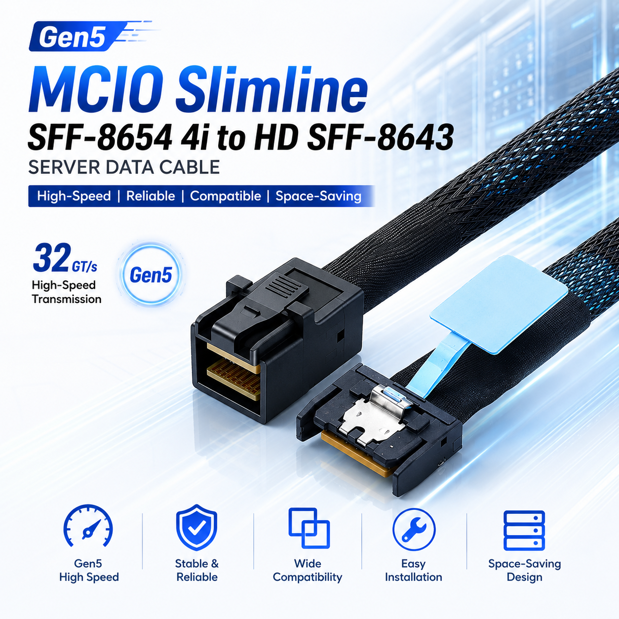 Xkuer PCIe Gen5 MCIO Slimline SFF-8654 4i to HD SFF-8643 Cable | 32GT/s High-Speed Server Data Cable