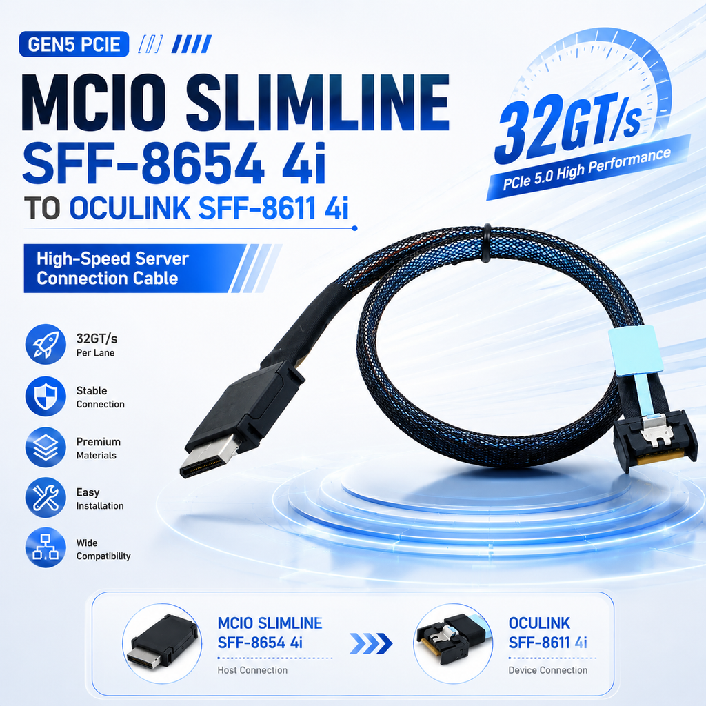 Xkuer GEN5 MCIO 4i TO OCuLink 4i CABLE PCIe 5.0 • 32GT/s • Enterprise Server Connectivity