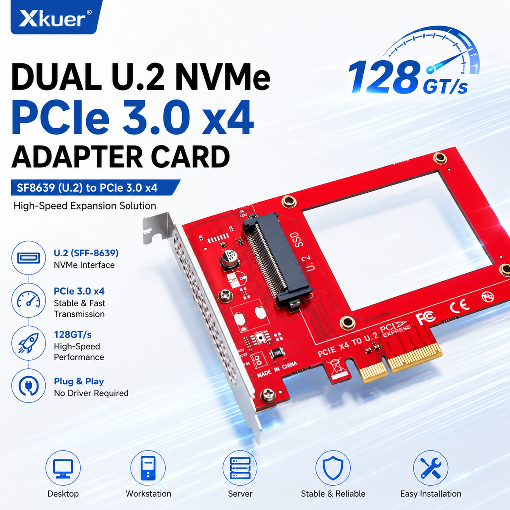 Xkuer U.2 (SFF-8639) NVMe SSD to PCIe 3.0 x4 Adapter Card, Direct Mount U.2 SSD Expansion Card for Desktop, Workstation & Server