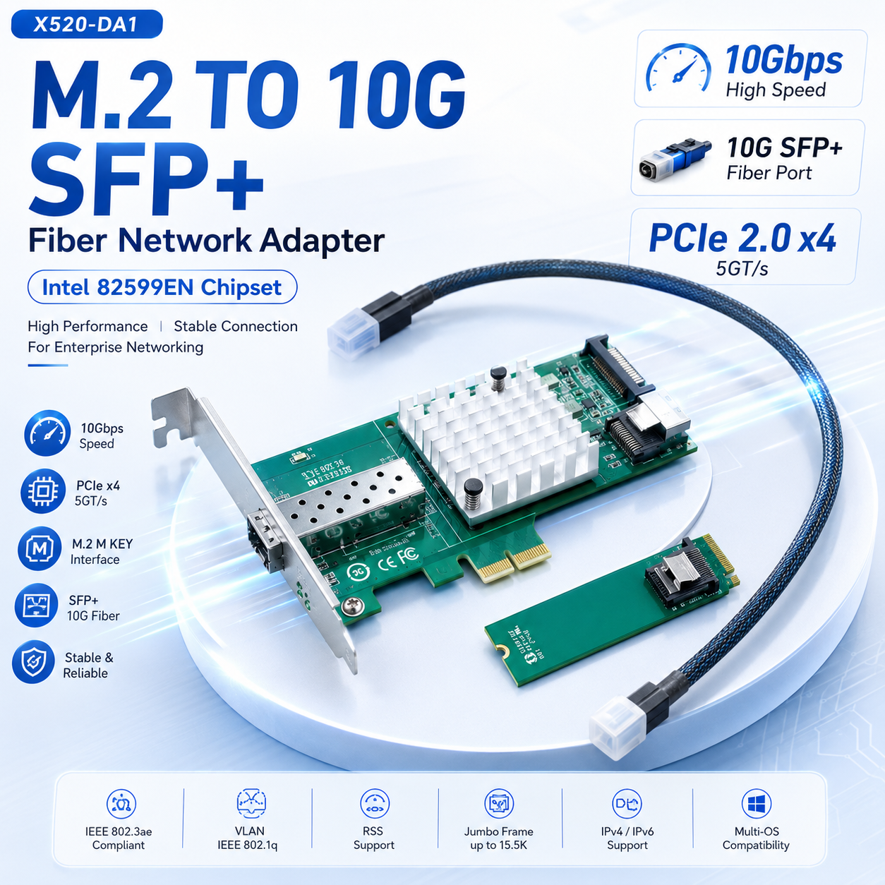 Xkuer M.2 to 10G SFP+ Fiber NIC Intel 82599EN X520-DA1 PCIe x4 10GbE Network Adapter Card