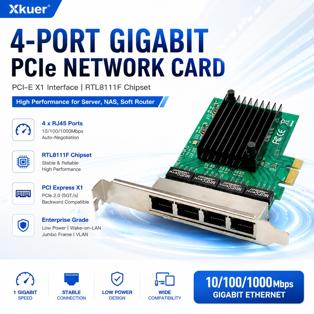 Xkuer 4-Port Gigabit PCIe Network Card RTL8111F Chipset | PCI-E X1 Server LAN Adapter for Soft Router & Network Aggregation