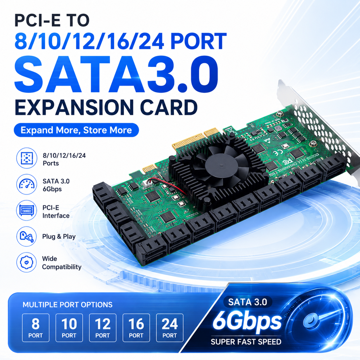 Xkuer PCIe SATA 3.0 Expansion Card 8/10/12/16/24 Port 6Gbps SSD HDD Adapter